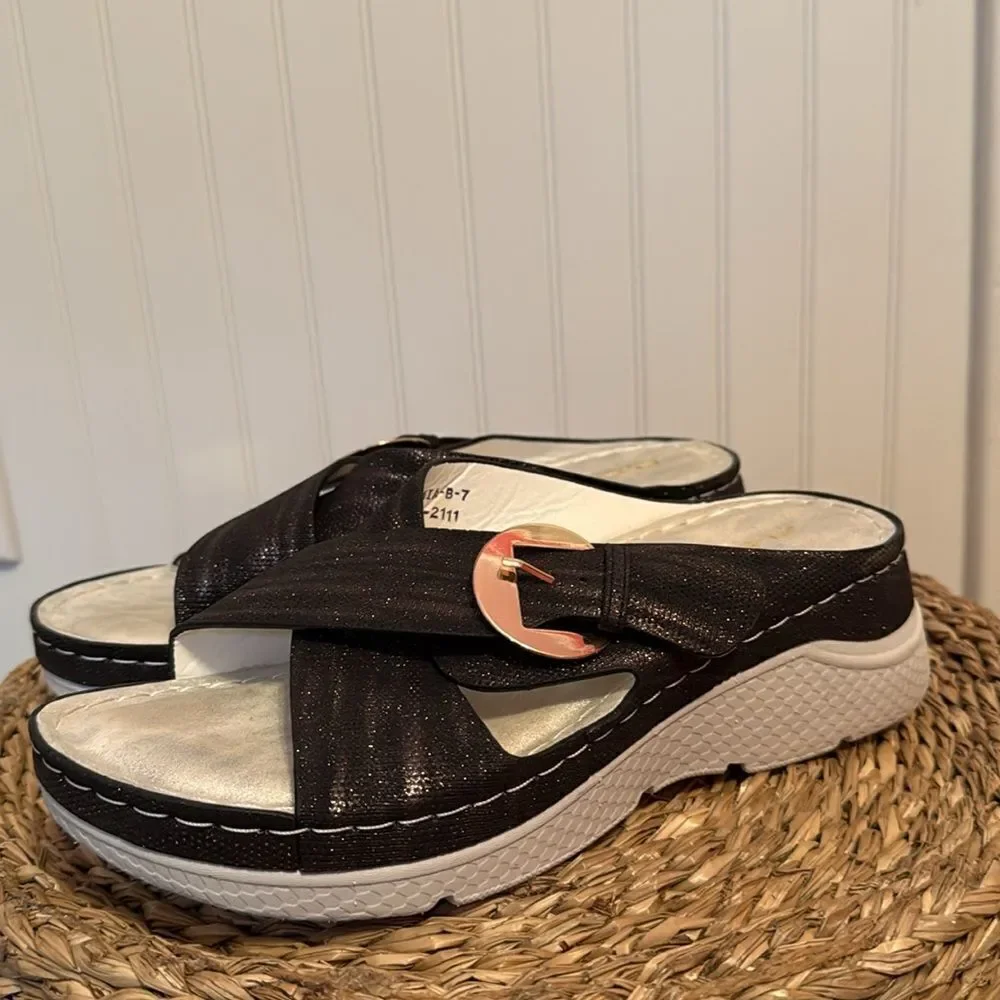 Flexus Italian Comfort by Spring Step  Women's Persemia Black Slide Sandals - B7